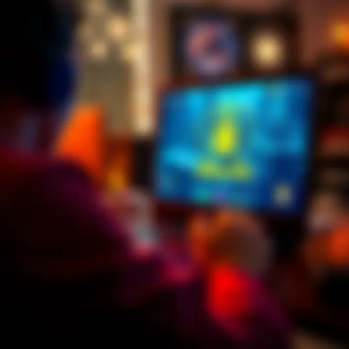 Person using VPN while gaming A gamer using a laptop with a VPN connection, focusing on a screen displaying a game, with a lock symbol indicating security