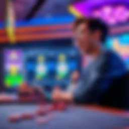 A gamer excitedly using a bonus to play, with colorful graphics on the screen and chips scattered on the table