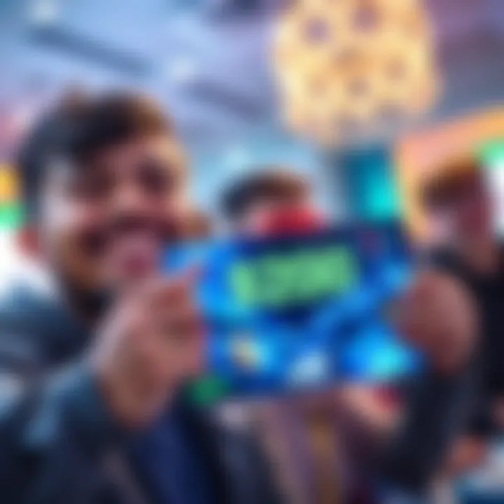 A gamer smiling and showing a gaming screen with a $200 win displayed, celebrating their success with friends in the background.