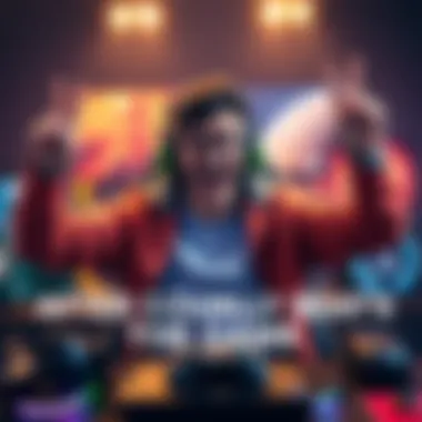 A joyful gamer celebrating after defeating a challenging game, with a victory pose and cheerful expression, surrounded by gaming gear