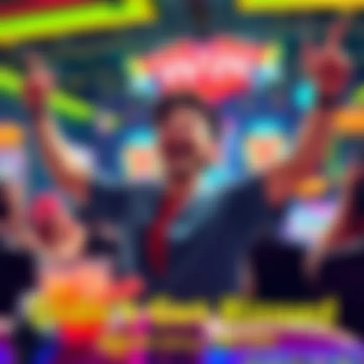 Player celebrating a big win A happy gamer raises their arms in excitement after a recent win, surrounded by colorful gaming graphics.