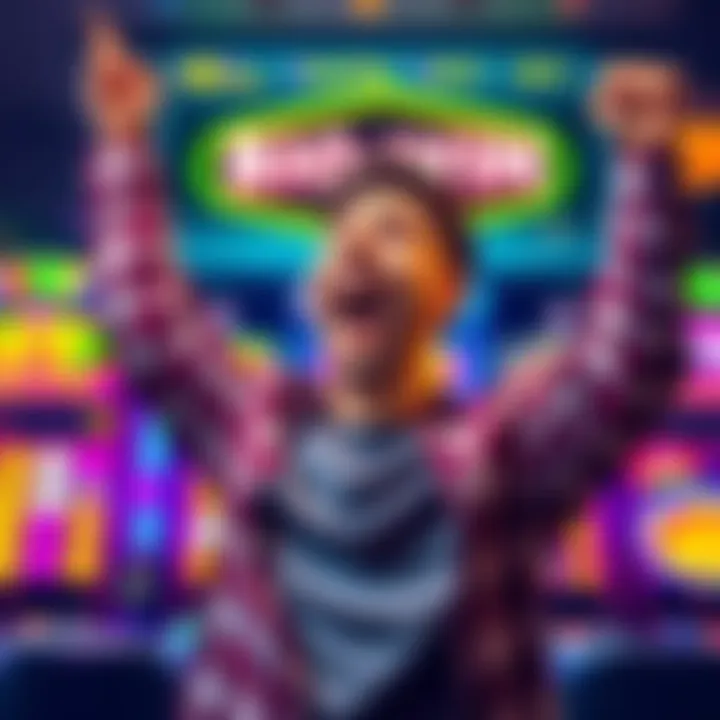 A happy gamer celebrating an $86 win from a $1 bet on Cash Eruption, with colorful slot machine graphics in the background.