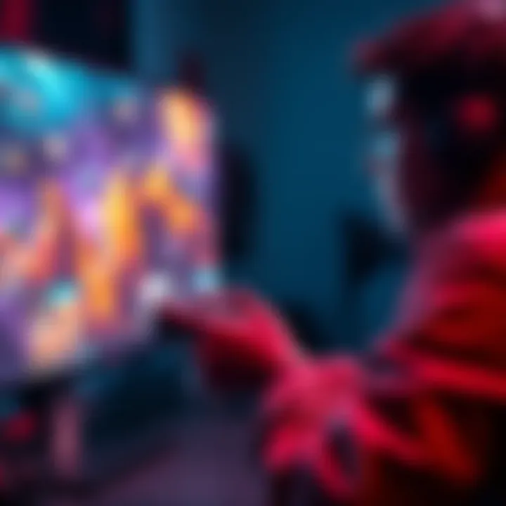A gamer intensely playing on a screen, holding a game controller with various game icons around