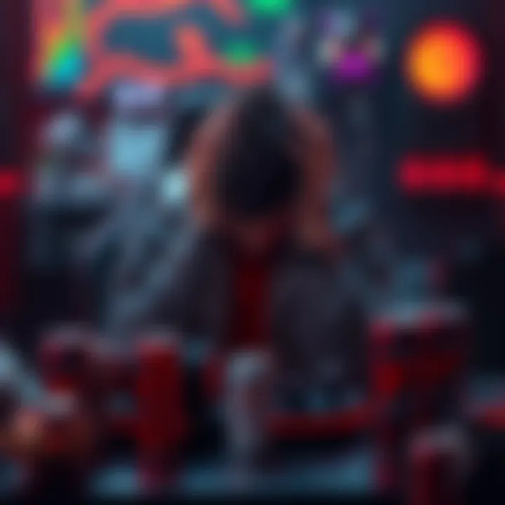 Player feeling defeated after loss A gamer sits at a desk with their head in their hands, surrounded by gaming gear and empty energy drink cans, reflecting disappointment in their gaming experience.