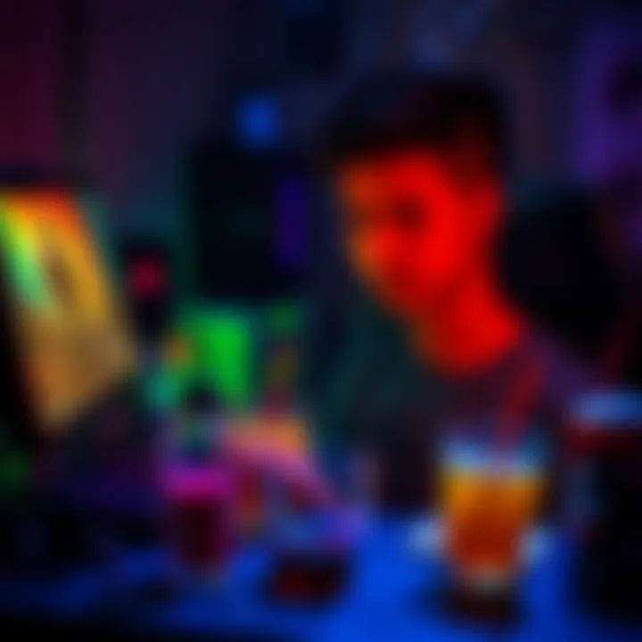 A gamer focused on playing at their desk with snacks and drinks around them, showcasing a full-time gaming setup.