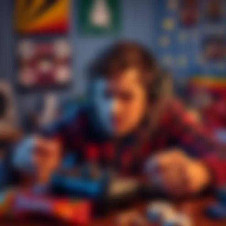 A gamer looking stressed while playing video games, surrounded by game controllers and snacks, showing signs of disappointment.