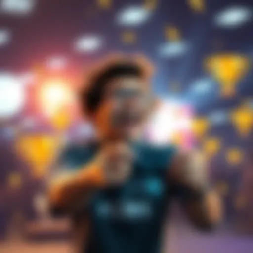 Gamer celebrating Platinum status A gamer holding a controller with a big smile, surrounded by bright lights and trophy symbols, representing achievement in gaming