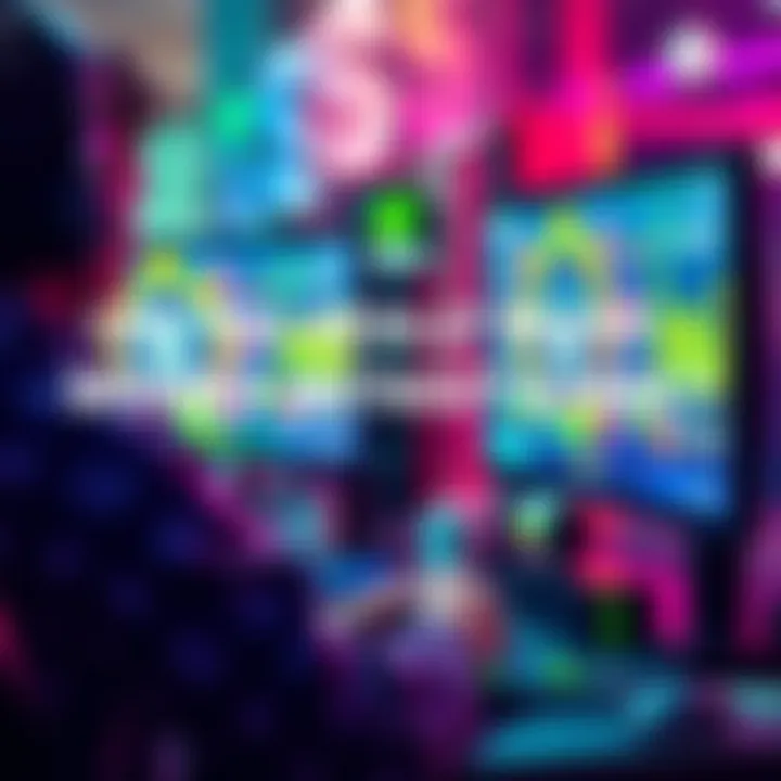 A gamer focused on a monitor, exploring ways to earn money without spending upfront. Cash and gaming accessories are visible around them.