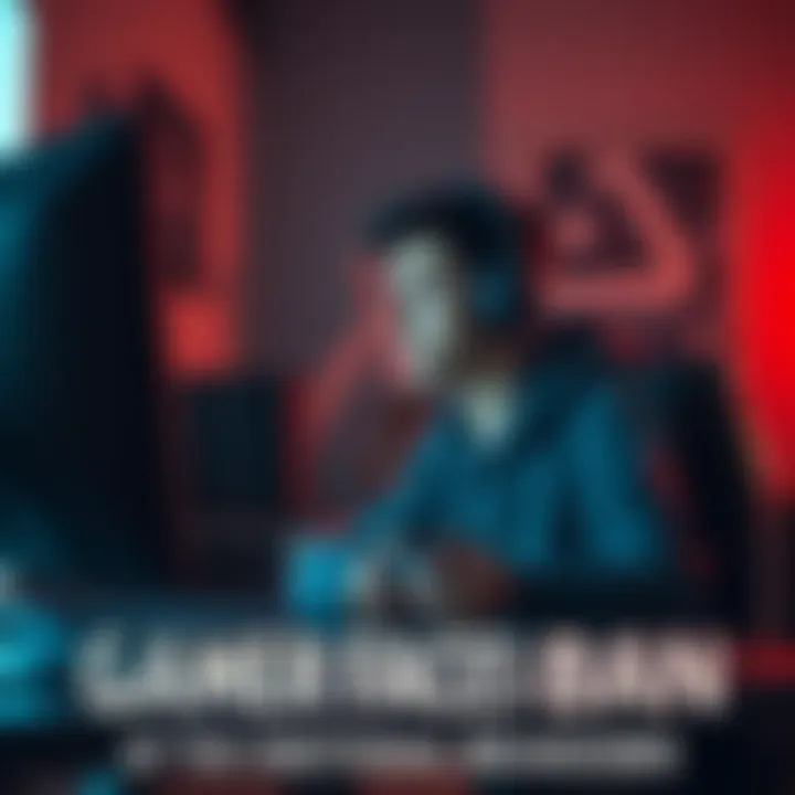 Gamer Reflecting on Ban A gamer sitting alone in front of a computer, looking pensive and emotional, with a game controller in hand and a dimly lit room in the background.