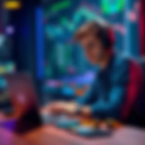 A focused gamer sitting at a table with a laptop, analyzing game stats and strategies after two days of gameplay.