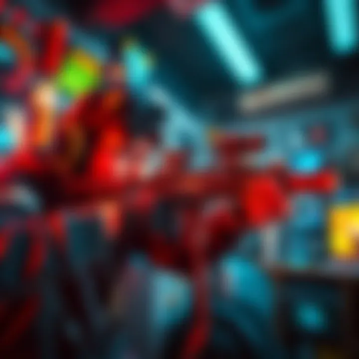 A gamer aiming while reloading a weapon in a vibrant gaming environment.