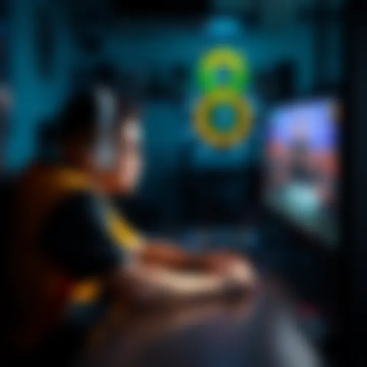 Gamer looking stressed while playing A player sits at a gaming setup, visibly stressed and focused on the screen with a clock showing limited time