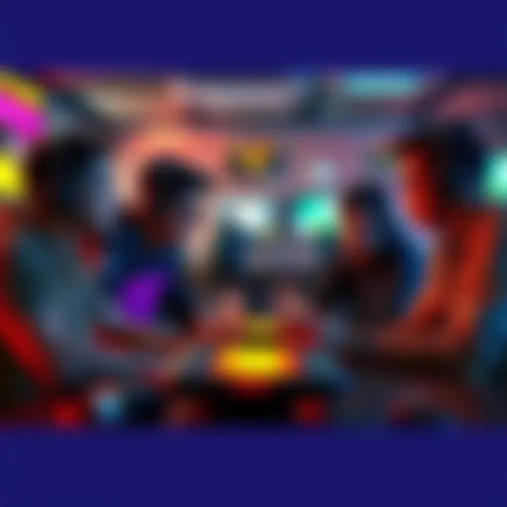 A group of gamers engaged in a conversation about return-to-player rates, with gaming devices and drinks on a table.