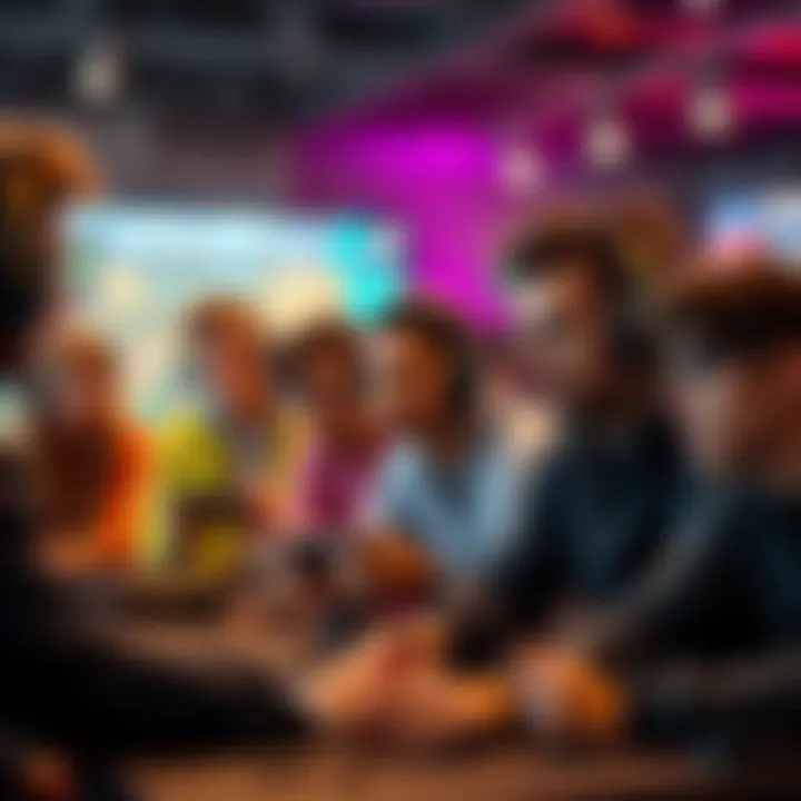 A group of gamers discussing and comparing their gameplay strategies while playing video games, showing expressions of determination and focus