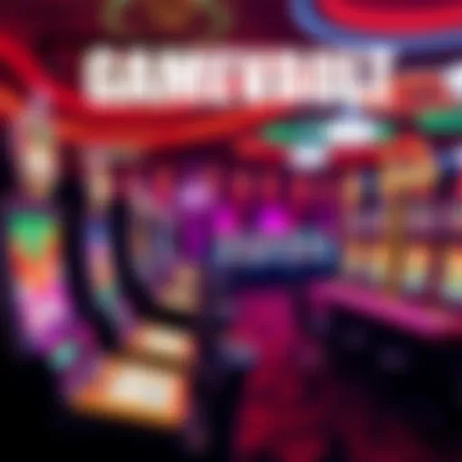 A vibrant online casino scene with colorful slot machines and game tables