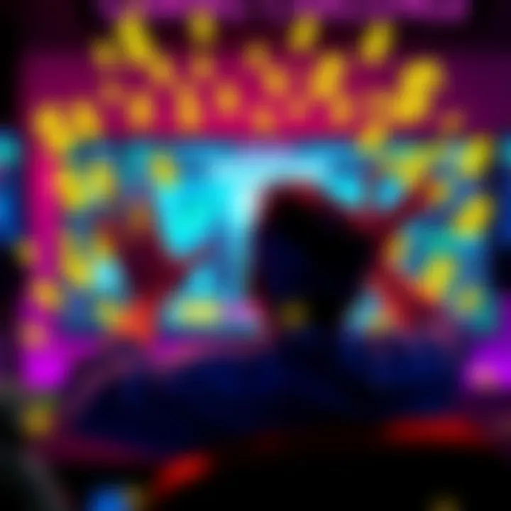 A person excitedly engaging with gaming streaks on a screen, surrounded by dollar signs symbolizing potential earnings.