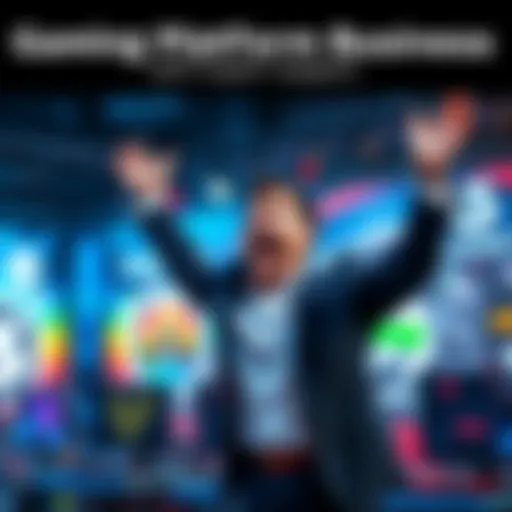 A graphic showing a businessperson excitedly starting their gaming platform, with gaming logos and backend solutions in the background.