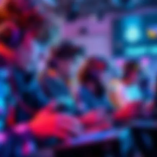 A diverse group of gamers engaging with advanced gaming technology and devices, reflecting future trends in online gaming.