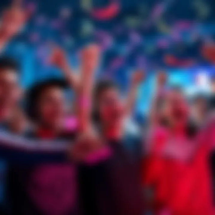 A group of excited gamers celebrating a big win, with confetti falling around them and smiles on their faces.