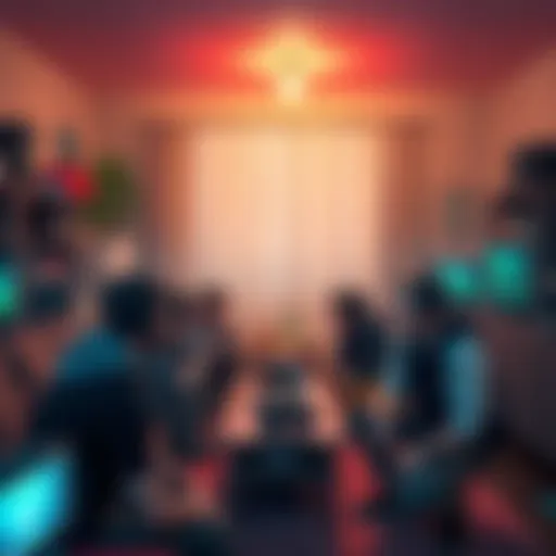 A group of gamers reminiscing about past victories in a cozy living room filled with gaming gear, looking nostalgic