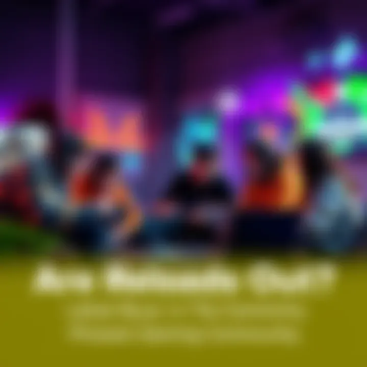 A group of gamers discussing strategies around a gaming console and laptops in a lively setting.