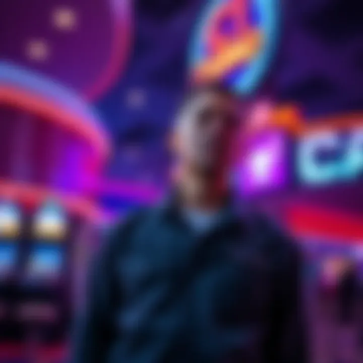 A gaming employee standing outside a casino, looking uncertain, with a casino sign visible in the background.