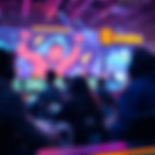 A lively gaming scene showing people enjoying various games on Stake platform with colorful graphics in the background.