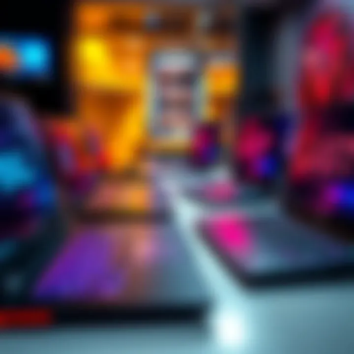 Laptops for Gaming A selection of gaming laptops from Dell and Lenovo displayed on a desk, featuring sleek designs and illuminated keyboards.