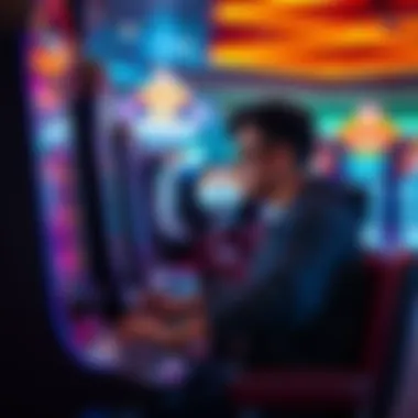 A person sitting at a gaming machine, looking focused while pulling the lever and hoping for a win.