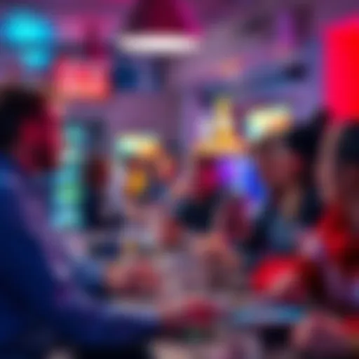 A group of diverse people discussing gaming and betting strategies in a lively setting.