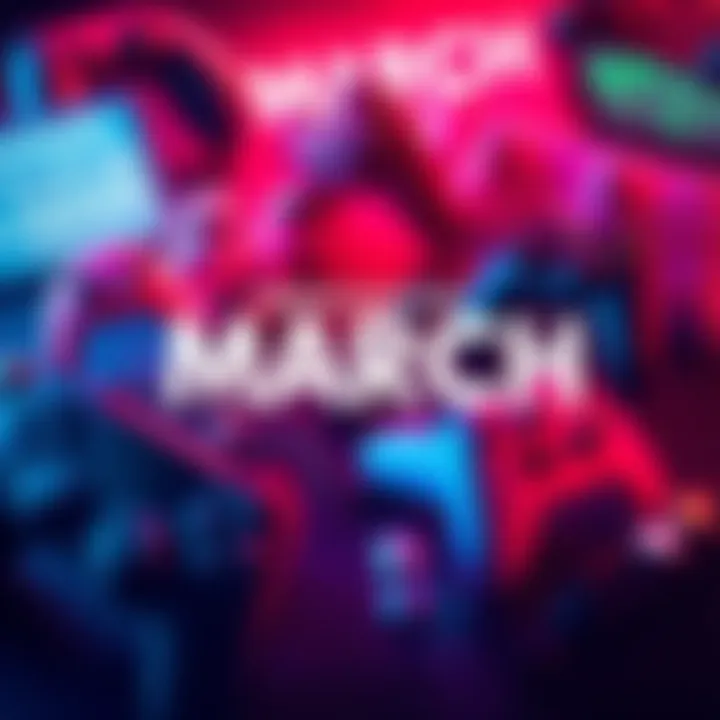 A colorful graphic showing various gaming elements like controllers, characters, and a calendar for March, reflecting upcoming game releases and community events.