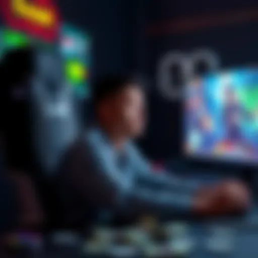 A person sitting at a computer, looking focused and optimistic, with gaming graphics on the screen and dollar bills nearby, symbolizing a chance to win big after a break.