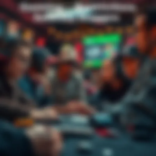 A group of people discussing gaming strategies with concerned expressions, surrounded by gaming gear and betting materials.