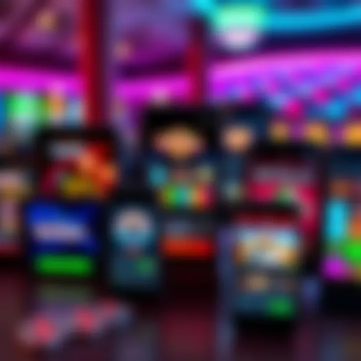 A collection of mobile devices displaying various gaming reward applications, highlighting MyVegas and competitors like Caesars, Boyds, and Binions.