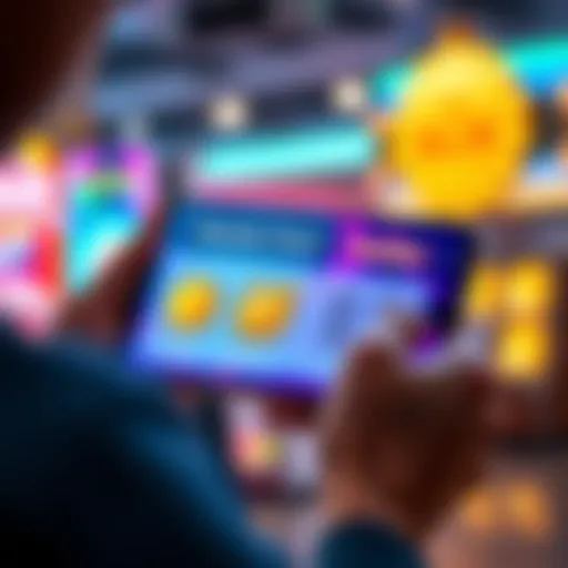 A person using a smartphone to play Pop Slots, MyVegas, and MyKonami while comparing potential rewards on the screen