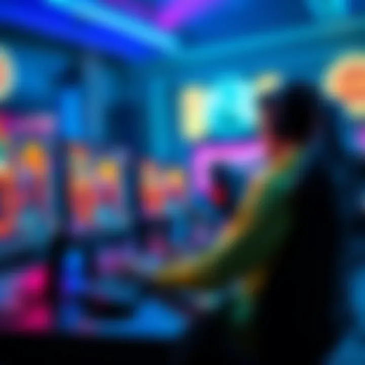 A gamer changing their seed after a big win at a gaming console setup with colorful lights.