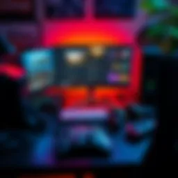 A gaming desk featuring a computer screen displaying game strategies and tips for leveling up, along with gaming gear like headphones and controllers.