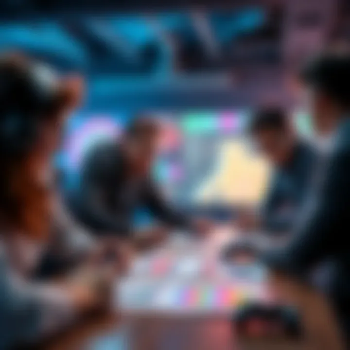 A group of people engaged in a discussion about gaming strategies with charts and game controllers on the table.