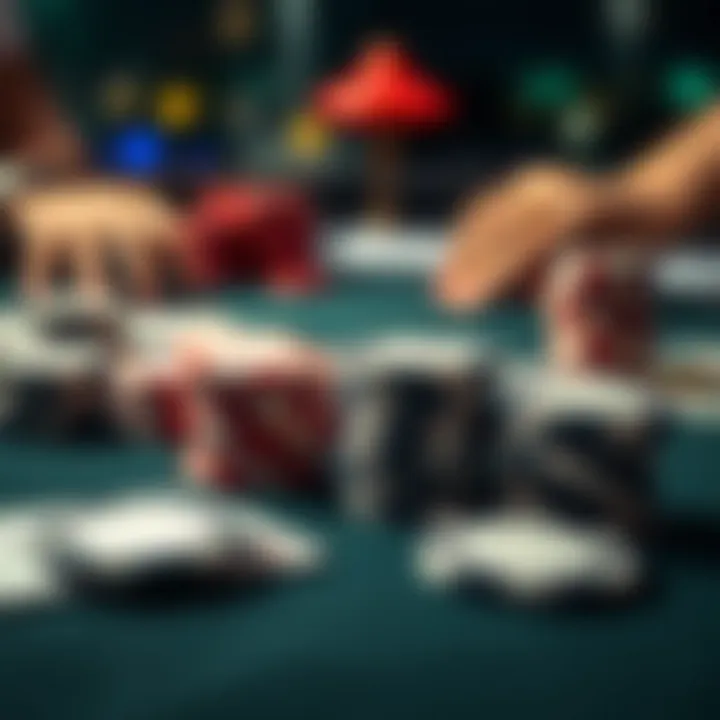 Gaming Table with Chips and Cards A close-up of a gaming table showing poker chips and playing cards, emphasizing strategic betting and bankroll management.