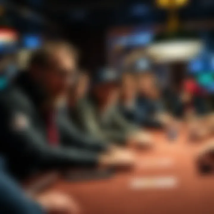 A group of players at a poker table, showing mixed expressions of excitement and frustration over game play and outcomes.