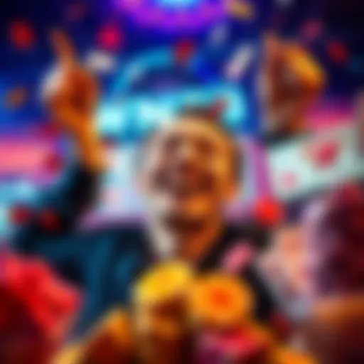 A person celebrating their recent gaming wins with a smile, surrounded by gaming symbols like slots and cards