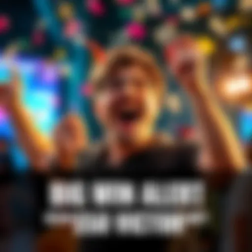 A person excitedly holding up a gaming controller with a big smile, surrounded by confetti and dollar bills, representing a $50 win celebration