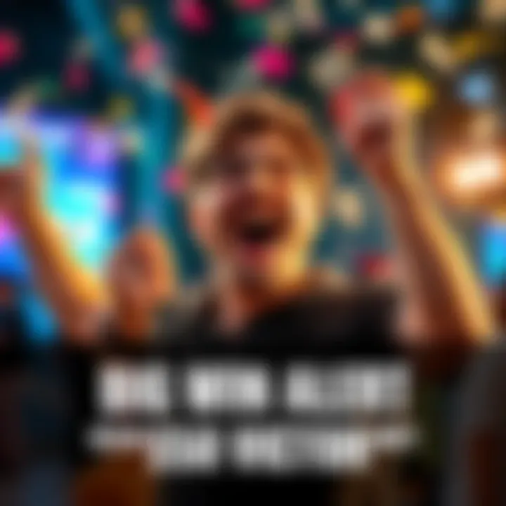 A person excitedly holding up a gaming controller with a big smile, surrounded by confetti and dollar bills, representing a $50 win celebration