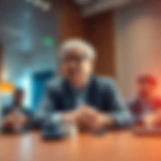 Gates discussing strategic decisions in a boardroom setting with a team, showcasing a focus on the tech industry