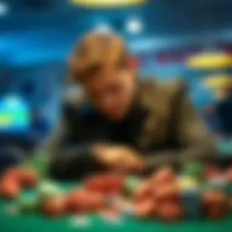 A 34-year-old German man sitting at a table covered with gambling chips, looking distressed and contemplative.
