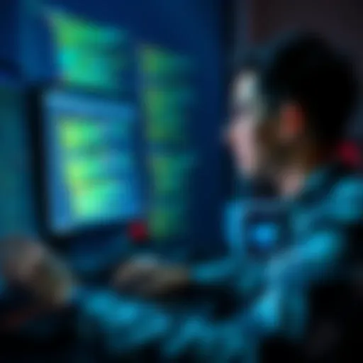 A person sitting at a computer, looking at a website with codes on the screen, appearing focused and engaged