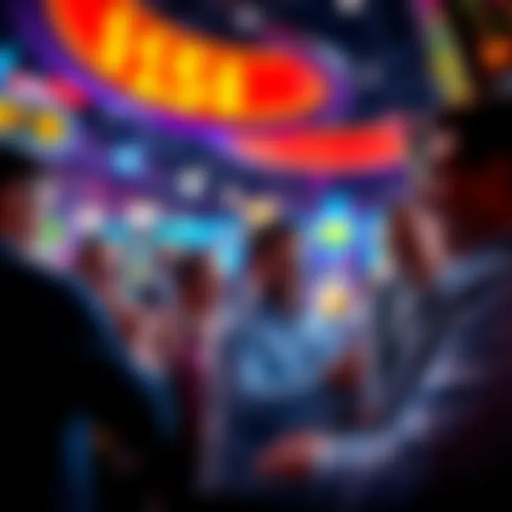 A group of people excitedly engaged in high-stakes betting at GGMillion$ TRIFECTA, with colorful gaming displays in the background