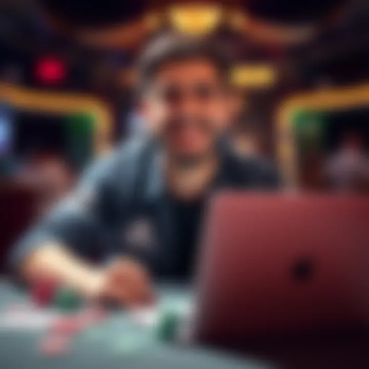 A happy player from Mexico celebrating their first win on Ggpoker with a laptop and poker chips around.