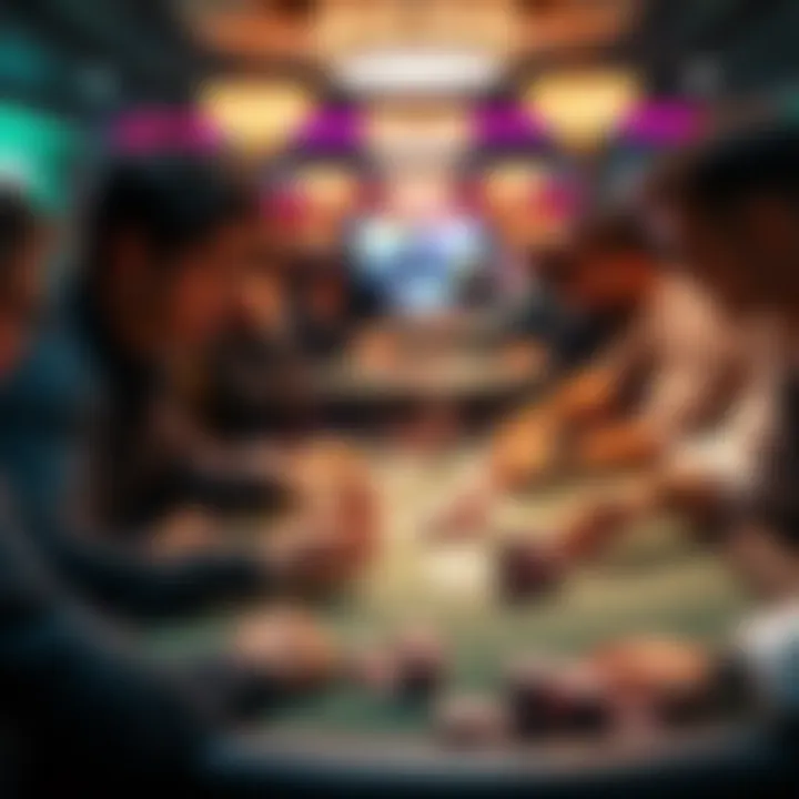 Players at a GGPoker table analyzing their cards and chips during a game. Focus on the tension and strategy involved in moving from 25nl to 50nl stakes.