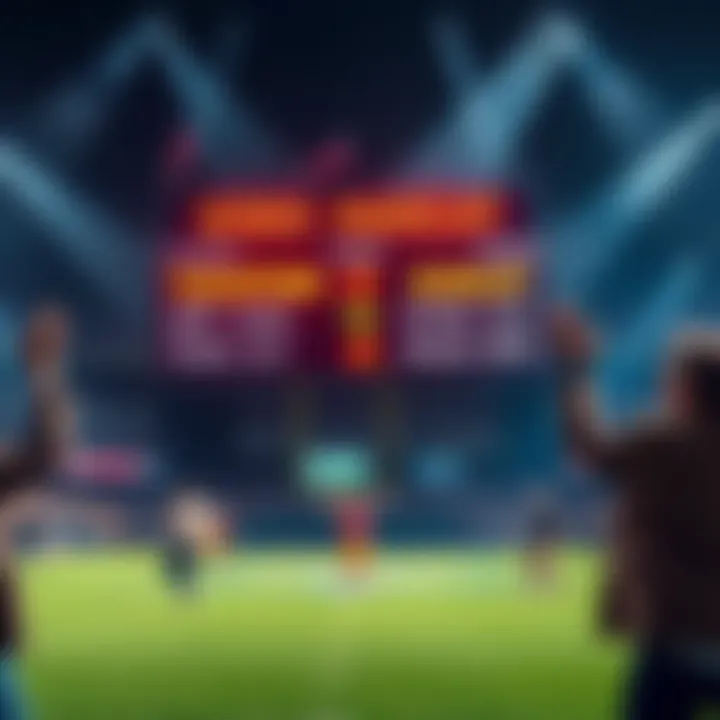 A football field with a scoreboard showing touchdown bets for Gibbs and Barkley, surrounded by excited fans cheering